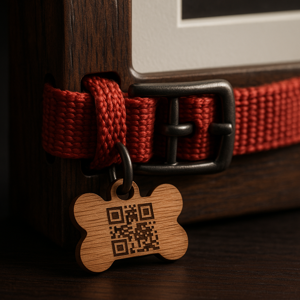 Close-up of the pet collar and engraved bone tag with QR code