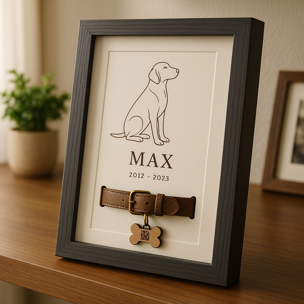The Story Plaque frame displayed on a shelf