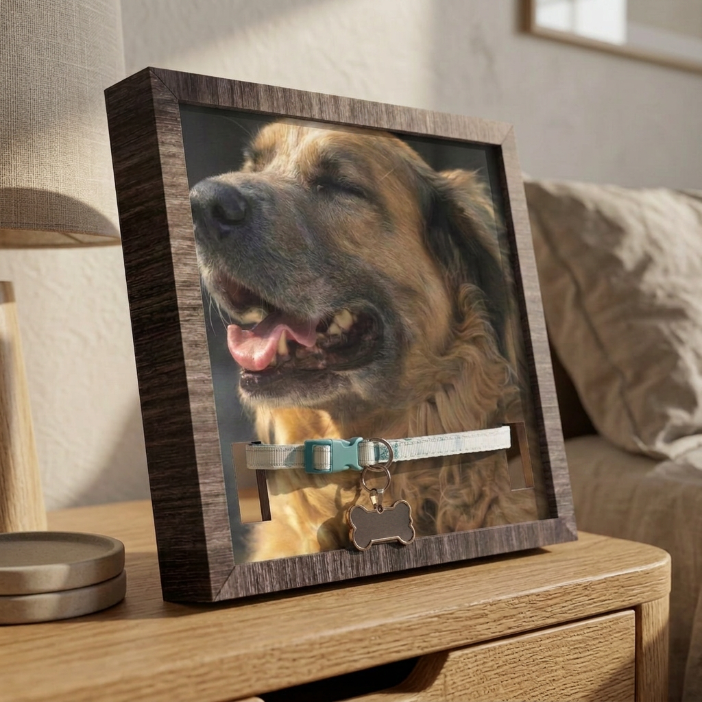 The Story Frame angled on a bedside table, with a dog's photo above their teal collar and bone-shaped ID tag threaded through the slot