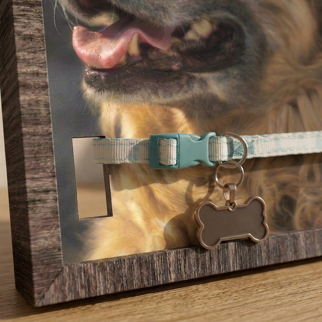 Close-up of The Story Plaque showing the pet photo and real collar threaded through it