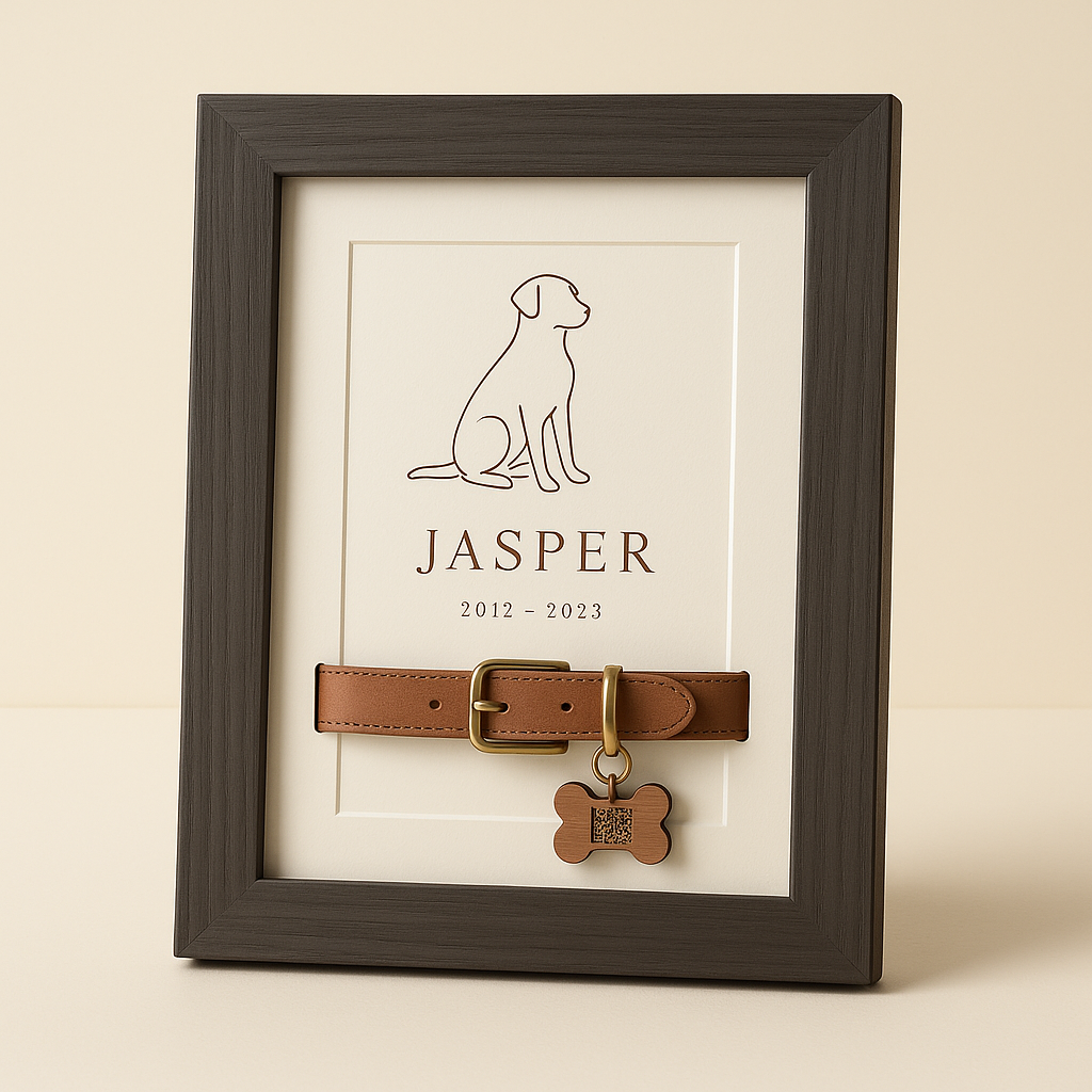 The Story Plaque memorial keepsake frame with pet collar display, studio product photo