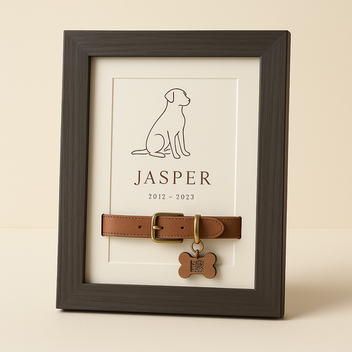 The Story Plaque memorial keepsake frame with pet collar display, studio product photo