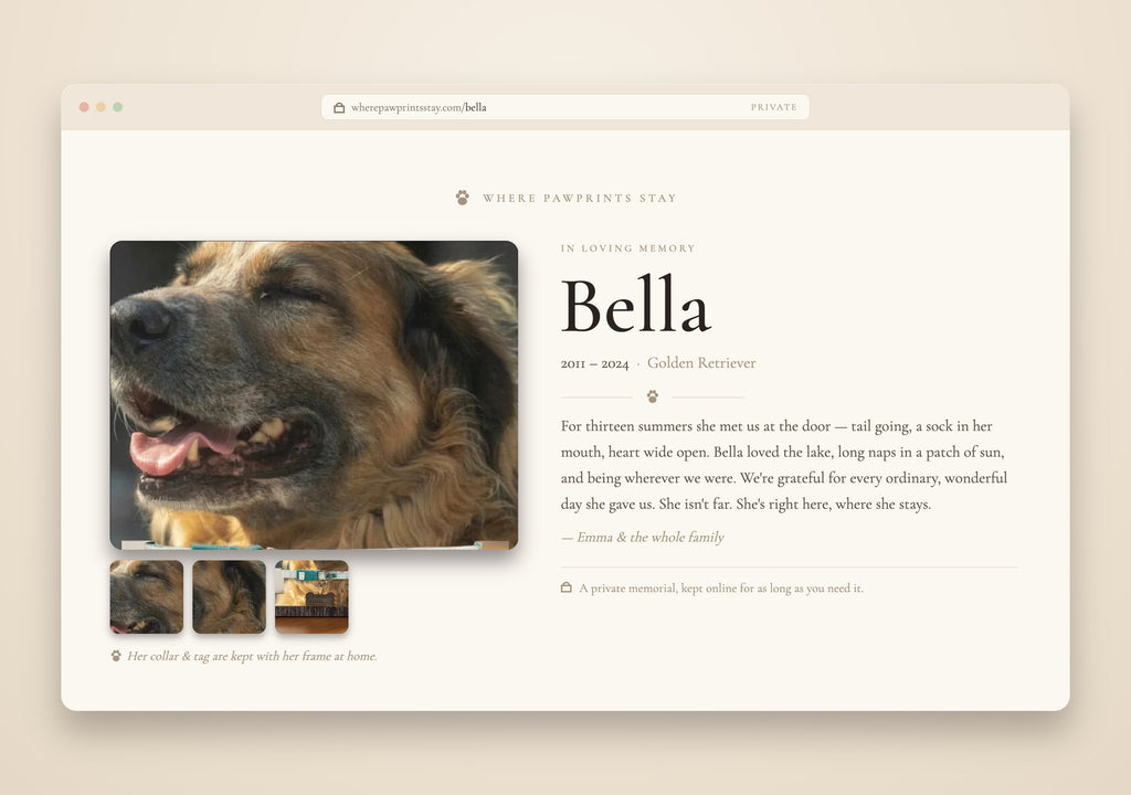 Preview of the private online memorial page included with The Story Plaque, showing a pet's photo, name, dates, and tribute on a private web page